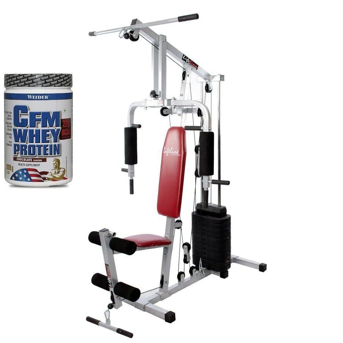 Lifeline Home Gym Set 002 Bonus with Weider CFM Whey Protein 908 Gms (Vanilla) || Available on EMI
