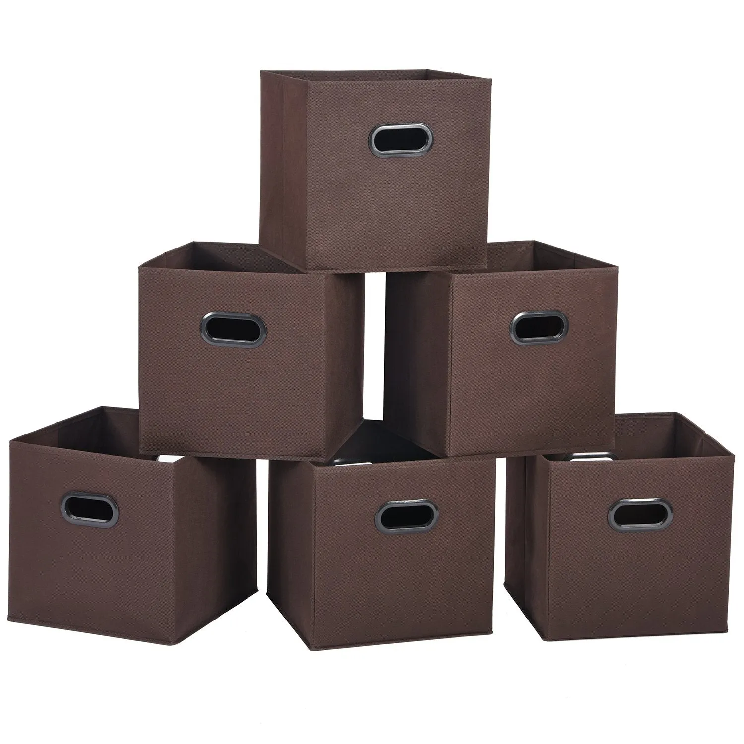 MaidMAX Cloth Storage Bins Cubes Baskets Containers with Dual Plastic Handles for Home Closet Bedroom Drawers Organizers, Foldable, Coffee, Set of 6