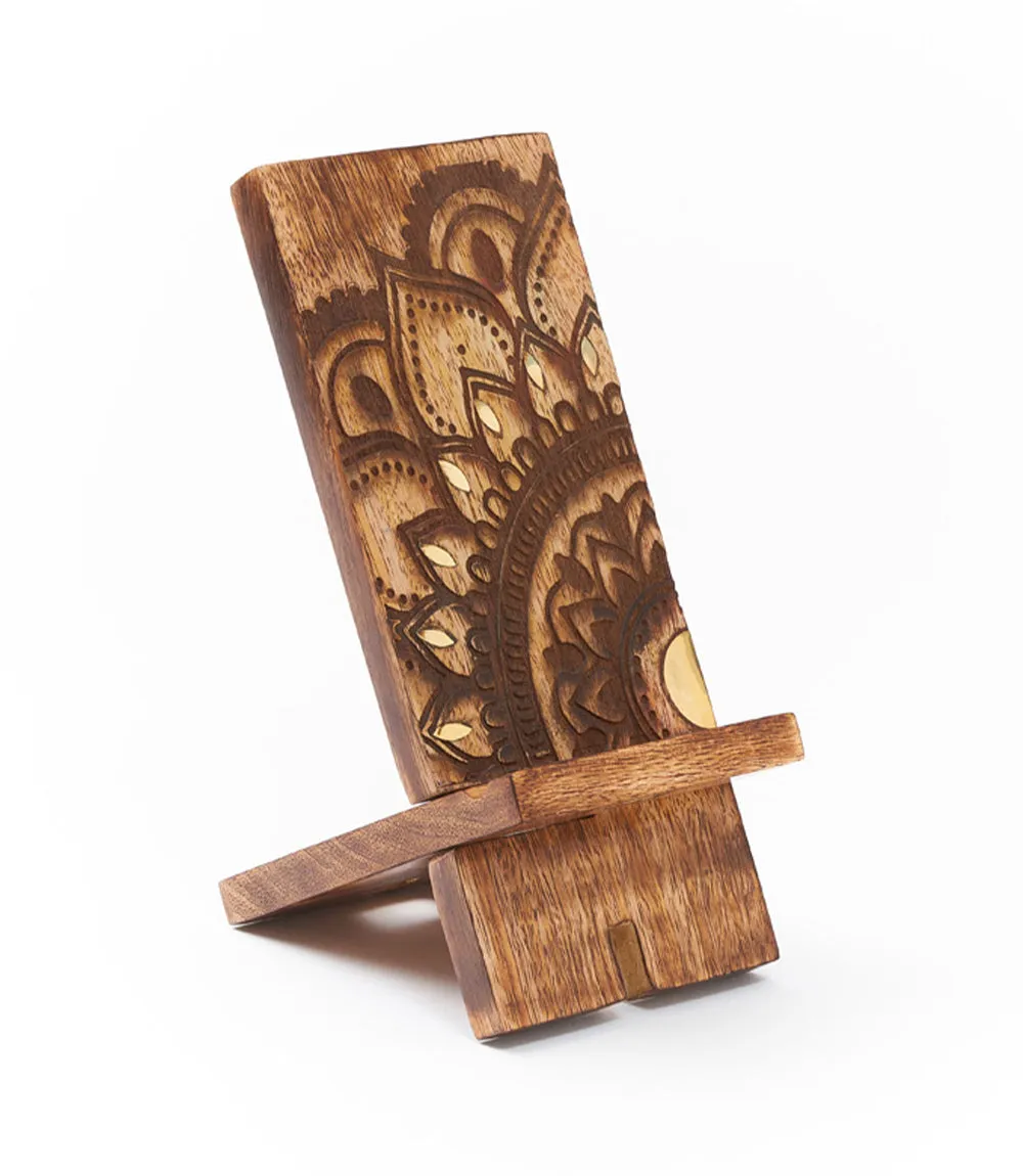 Mandala Phone Holder - Mango Wood, Brass Inlay by Matr Boomie