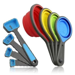 Measuring Cups and Spoons, Collapsible Silicone Measuring Cups and Spoons set, 8 piece Measuring Tool Engraved Metric/US Markings for Liquid & Dry Measuring,Stackable Colorful Baking Utensils (Blue)
