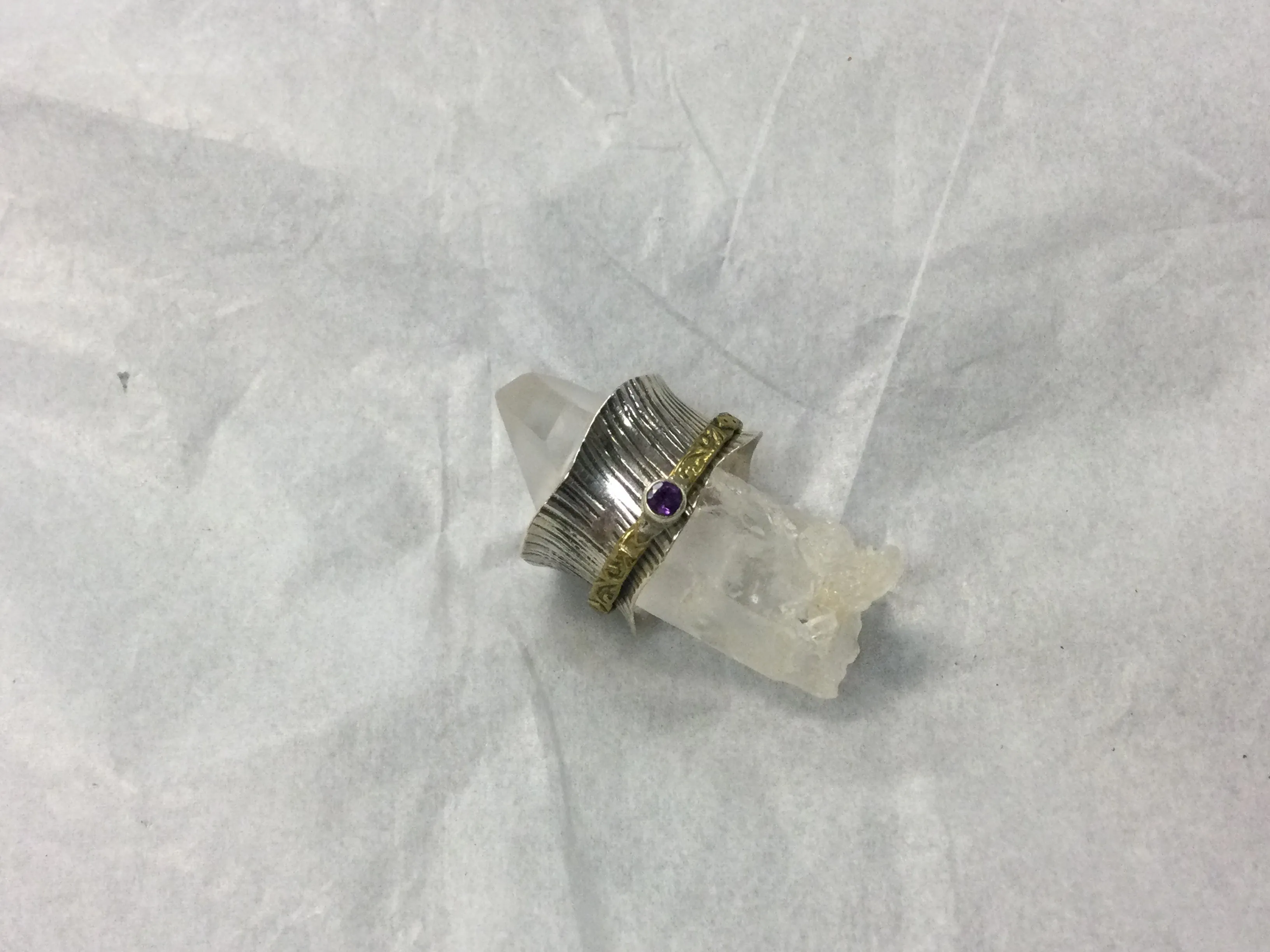 Meditation Ring, Silver Etched with Thin Patterned Gold Band and Gemstone