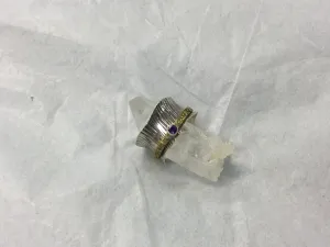 Meditation Ring, Silver Etched with Thin Patterned Gold Band and Gemstone