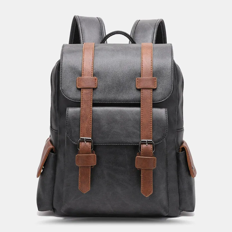 Men PU Leather Magnetic Buckle Breathable Backpack Retro Casual Adjustable Shoulder Strap 14 Inch Laptop Bag