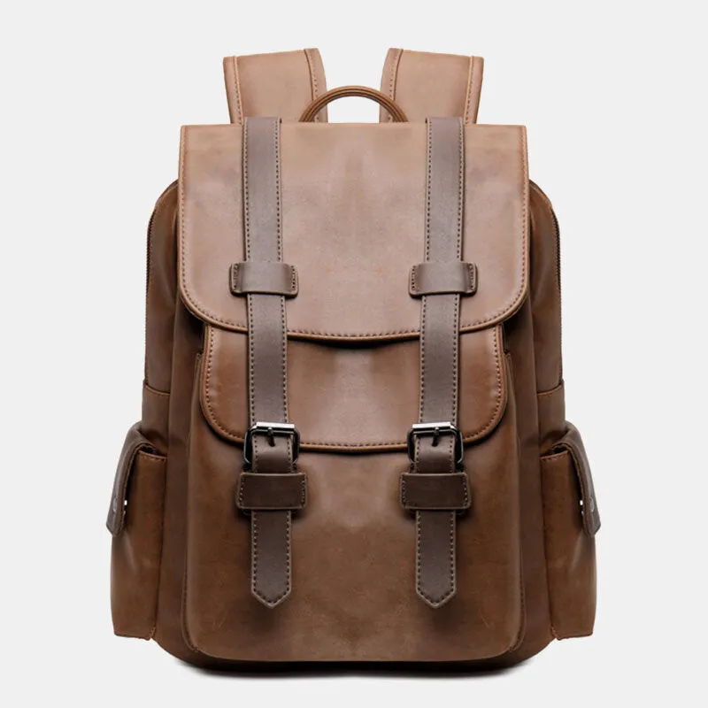 Men PU Leather Magnetic Buckle Breathable Backpack Retro Casual Adjustable Shoulder Strap 14 Inch Laptop Bag