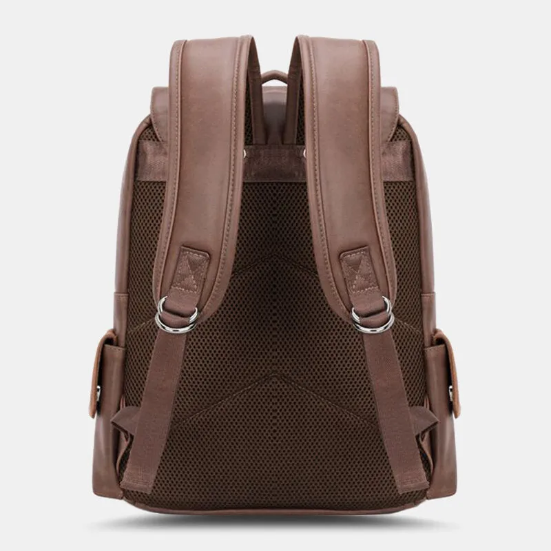 Men PU Leather Magnetic Buckle Breathable Backpack Retro Casual Adjustable Shoulder Strap 14 Inch Laptop Bag