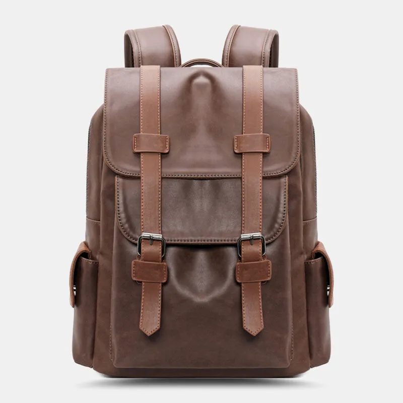 Men PU Leather Magnetic Buckle Breathable Backpack Retro Casual Adjustable Shoulder Strap 14 Inch Laptop Bag