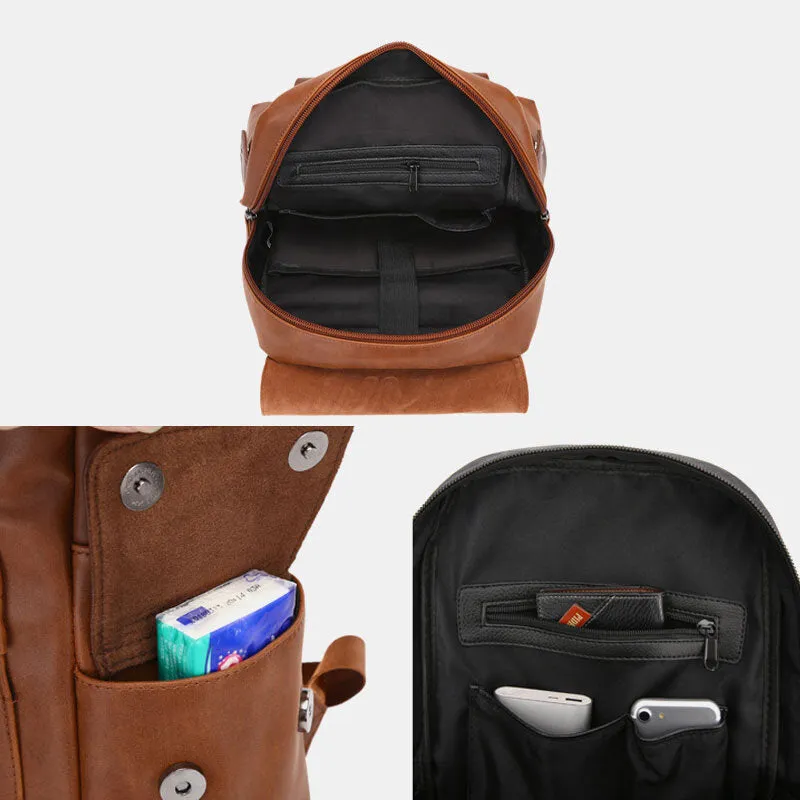 Men PU Leather Magnetic Buckle Breathable Backpack Retro Casual Adjustable Shoulder Strap 14 Inch Laptop Bag