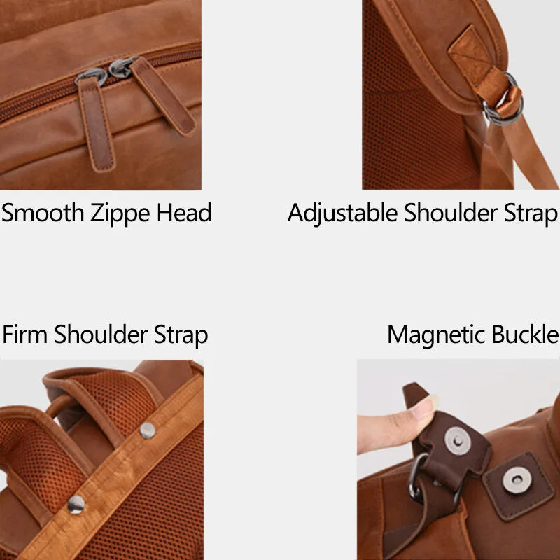 Men PU Leather Magnetic Buckle Breathable Backpack Retro Casual Adjustable Shoulder Strap 14 Inch Laptop Bag