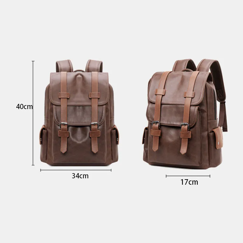 Men PU Leather Magnetic Buckle Breathable Backpack Retro Casual Adjustable Shoulder Strap 14 Inch Laptop Bag
