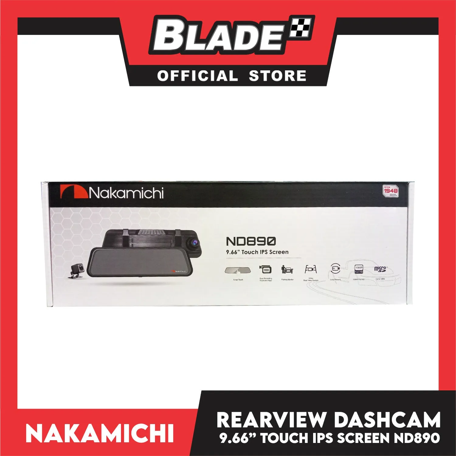 Nakamichi Digital Video Recording (DVR) Front and Rear Dashcam 9.66'' Touch IPS Screen ND890