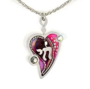 Necklace, Heart with Chai in Purple, Resin on Stainless Steel with Crystals and Beads