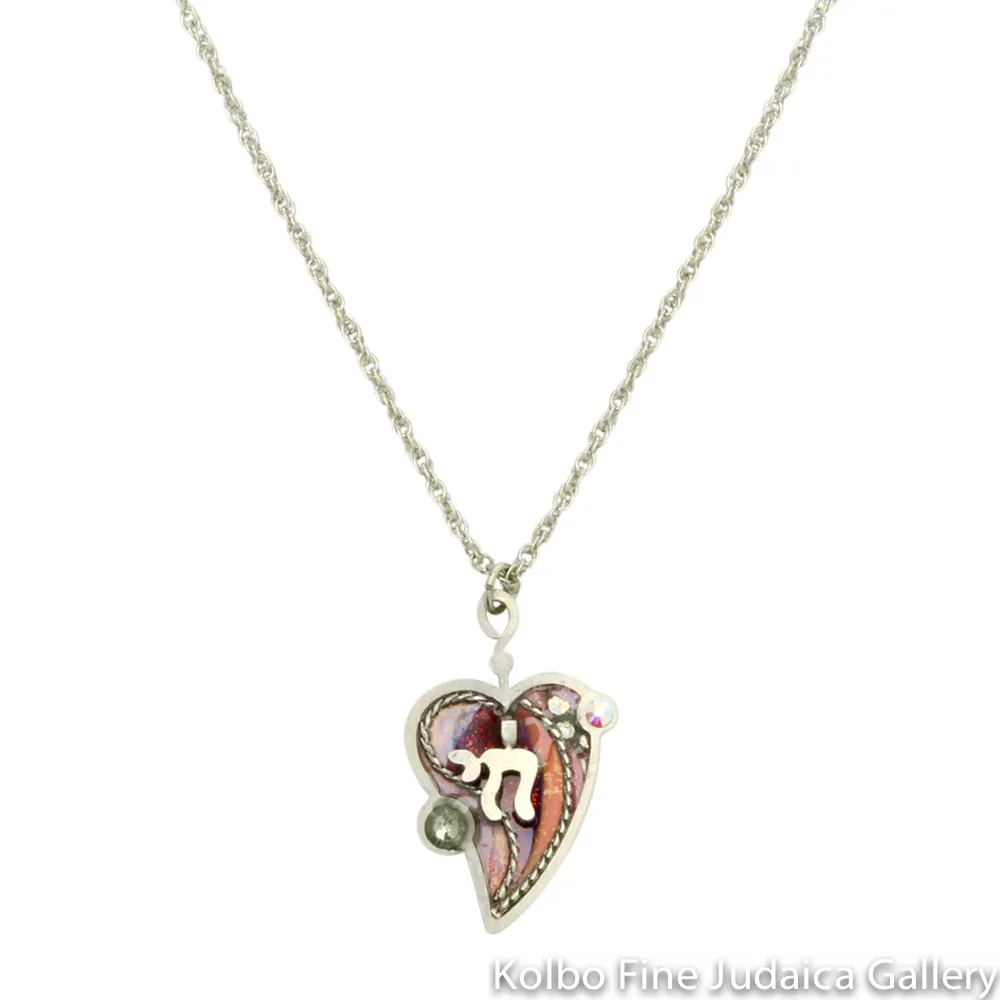 Necklace, Heart with Chai in Purple, Resin on Stainless Steel with Crystals and Beads
