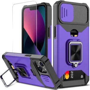 New Nvollnoe for iPhone 13 Heavy Duty Protective Case with Sliding Camera Cover and Card Holder, Screen Protector Magnetic Kickstand for iPhone 13(Purple)
