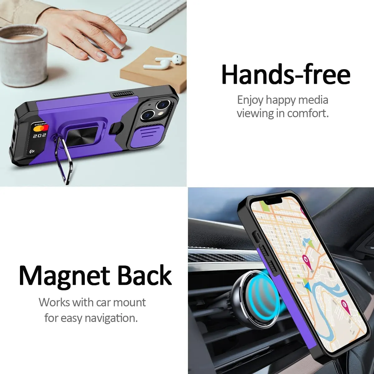 New Nvollnoe for iPhone 13 Heavy Duty Protective Case with Sliding Camera Cover and Card Holder, Screen Protector Magnetic Kickstand for iPhone 13(Purple)