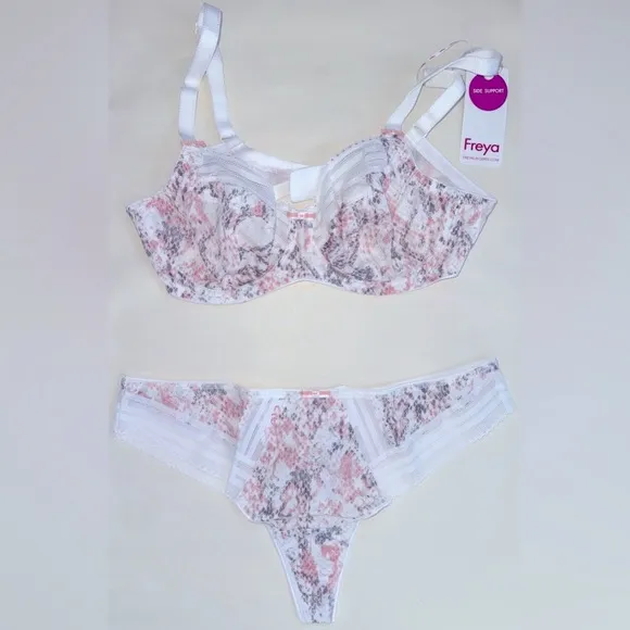 NEW Two Piece Set NWT Freya Underwire Bra Thong Set 32D Lace Animal Print