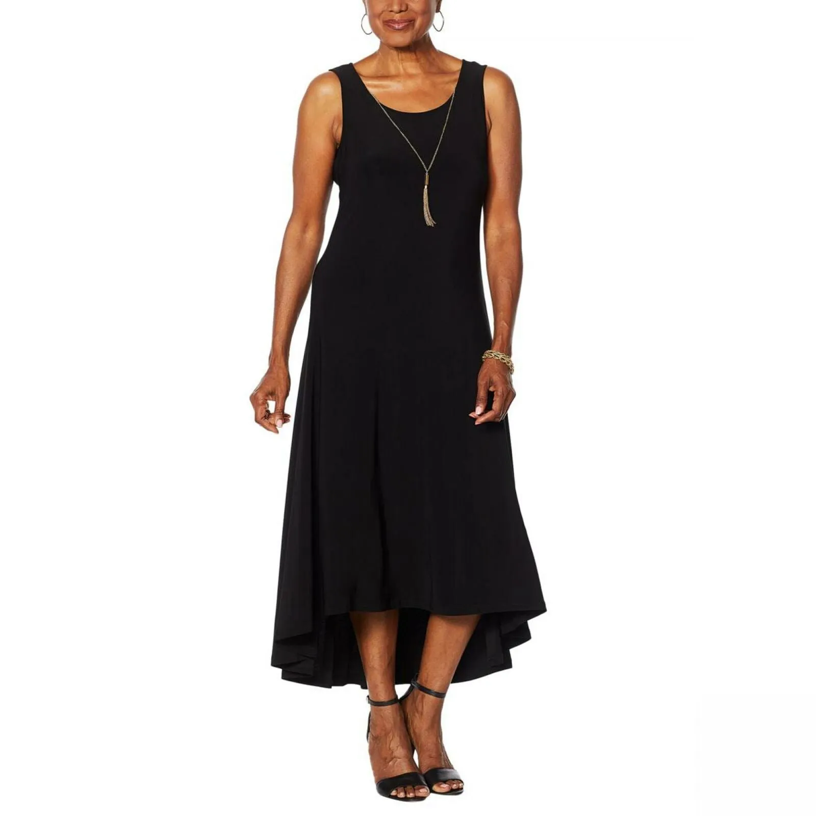 Nina Leonard Miracle Matte Jersey Hi Low Dress With Necklace Black Large
