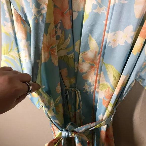 Oscar de la Renta Pink Label Blue and Cream Hibiscus Bloom Full Length Robe