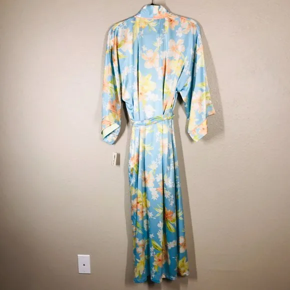 Oscar de la Renta Pink Label Blue and Cream Hibiscus Bloom Full Length Robe