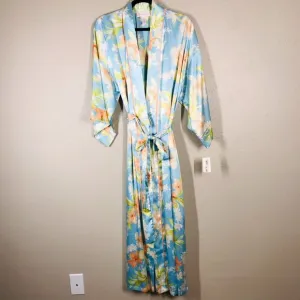 Oscar de la Renta Pink Label Blue and Cream Hibiscus Bloom Full Length Robe
