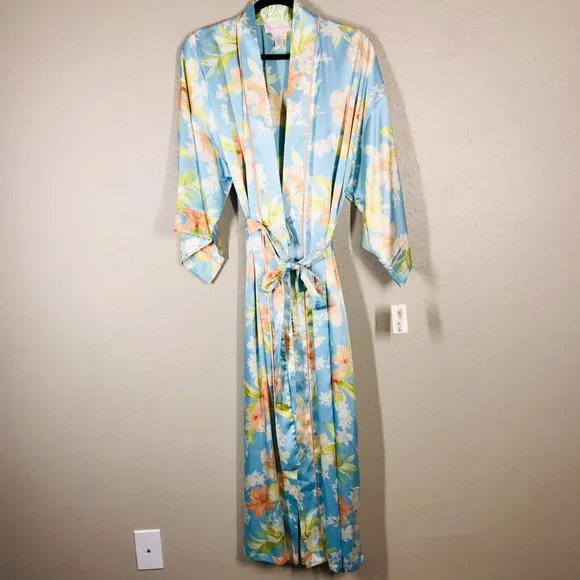 Oscar de la Renta Pink Label Blue and Cream Hibiscus Bloom Full Length Robe