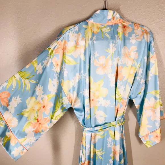 Oscar de la Renta Pink Label Blue and Cream Hibiscus Bloom Full Length Robe