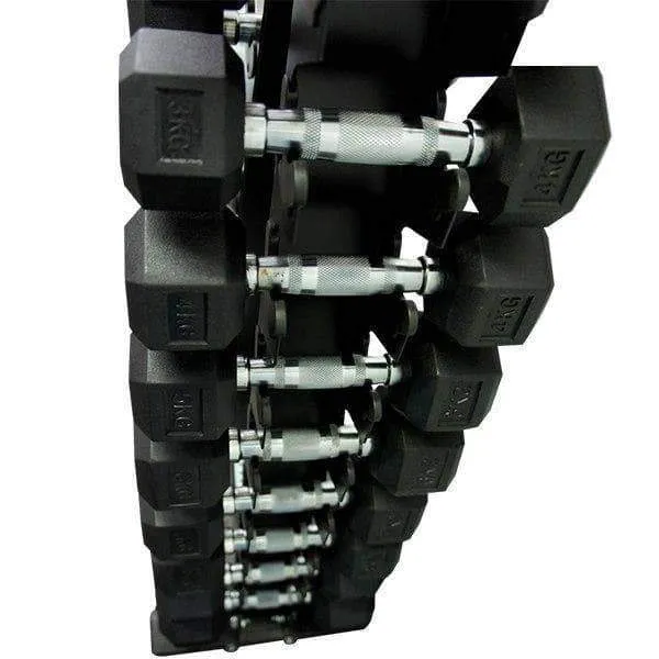 Package 3kg - 15kg Rubber Hex Dumbbells with Vertical Weights Storage Rack Tree