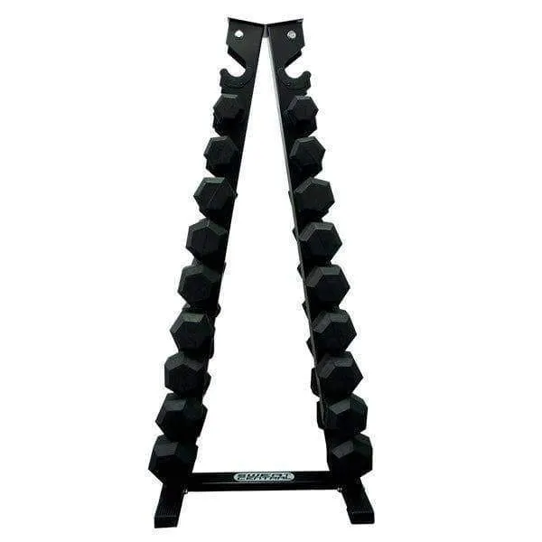 Package 3kg - 15kg Rubber Hex Dumbbells with Vertical Weights Storage Rack Tree