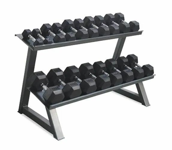 PACKAGE OF 10KG - 30KG RUBBER HEX DUMBBELLS AND 2 TIER STORAGE RACK