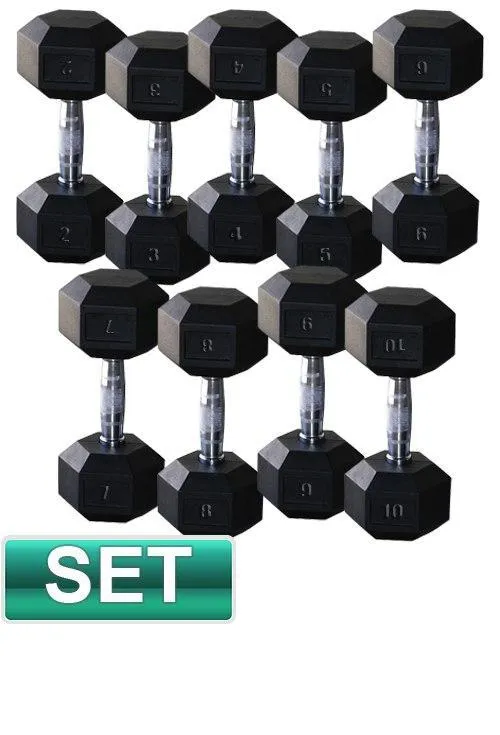 PACKAGE OF 10KG - 30KG RUBBER HEX DUMBBELLS AND 2 TIER STORAGE RACK