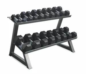 PACKAGE OF 10KG - 30KG RUBBER HEX DUMBBELLS AND 2 TIER STORAGE RACK