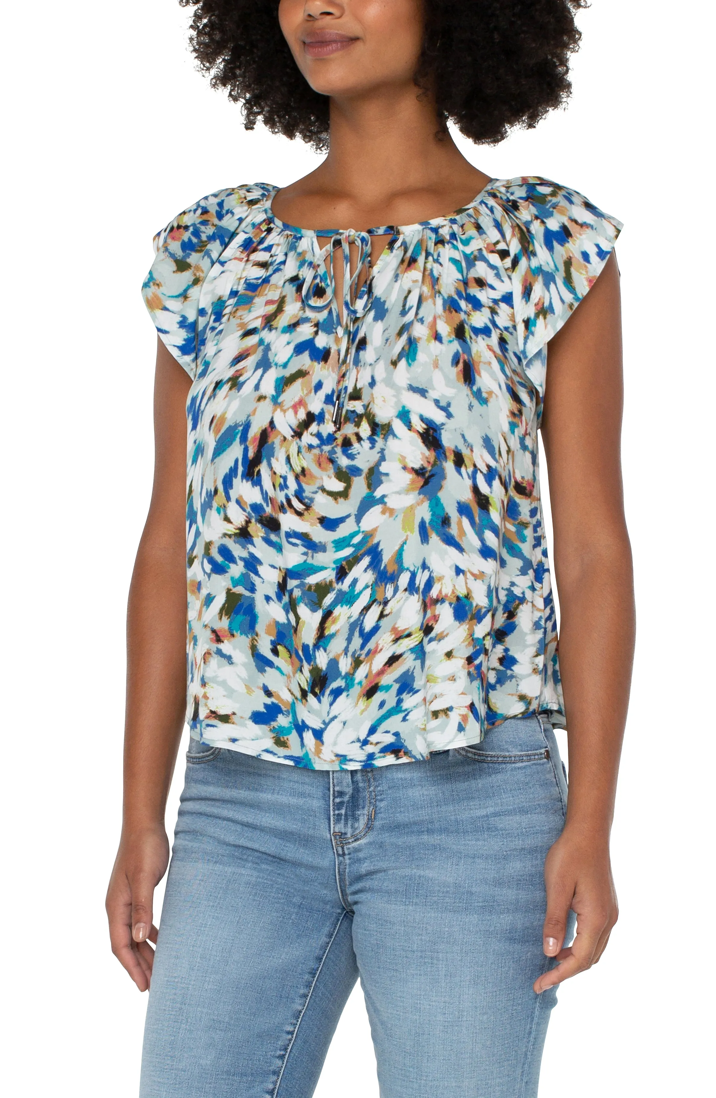 Patterned Petal Slv Scoop Neck Tie Neck Top
