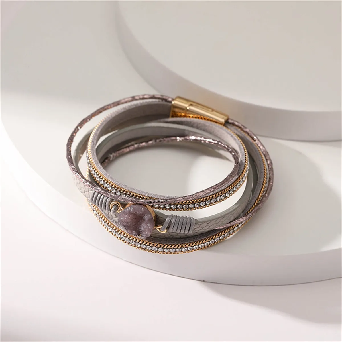 Pink Polystyrene & Cubic Zirconia 18K Gold-Plated Copper Layered Bracelet