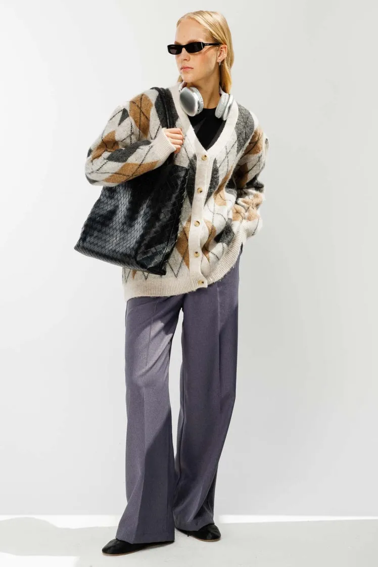 Plaid Argyle Patterned Brushed Beige Cardigan