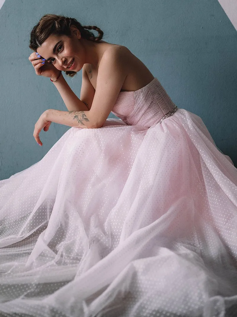 Plus Size Off Shoulder Puff Sleeve Polka Dot Pink Prom Dress Photo Shoot Dress