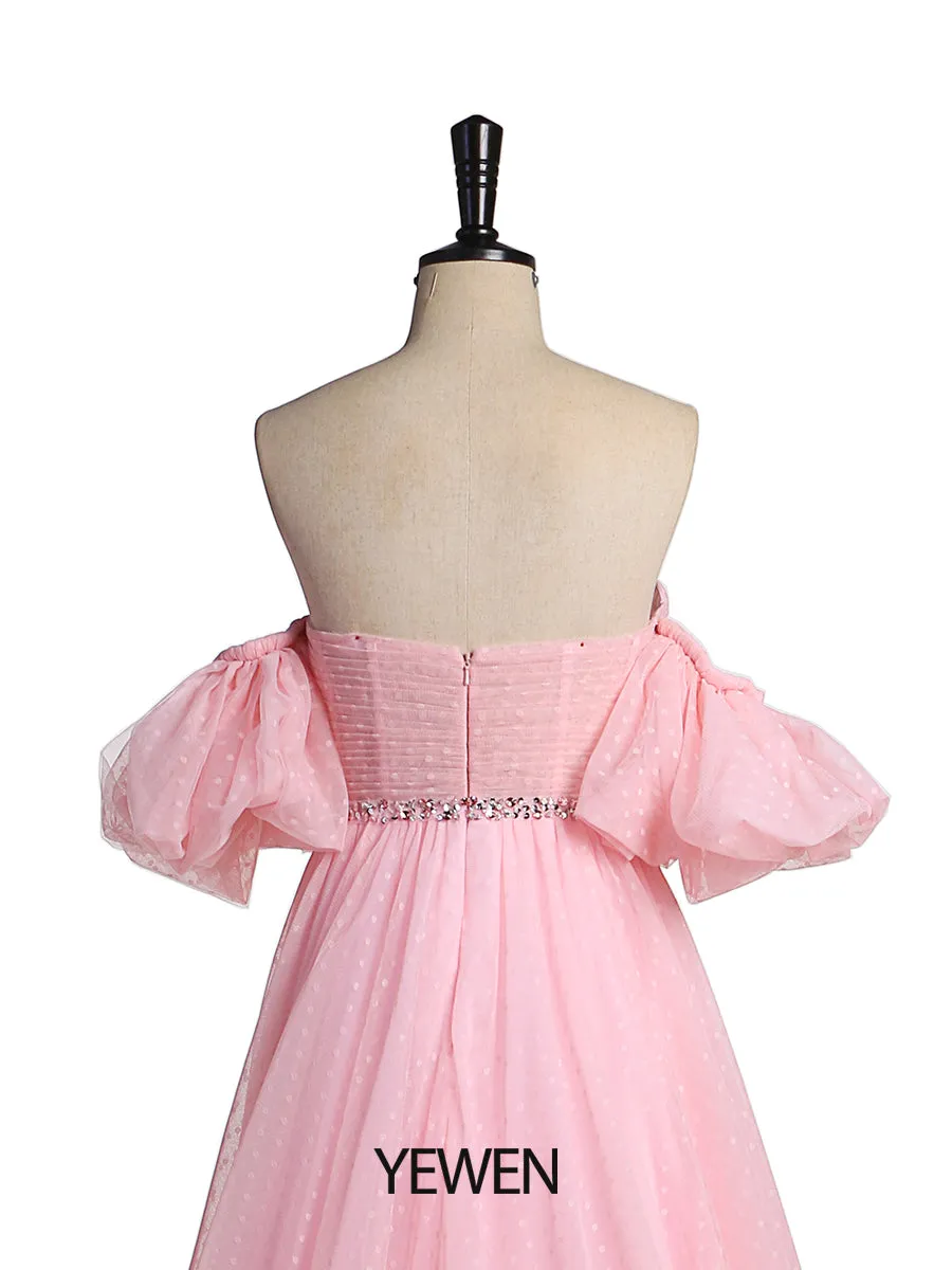 Plus Size Off Shoulder Puff Sleeve Polka Dot Pink Prom Dress Photo Shoot Dress