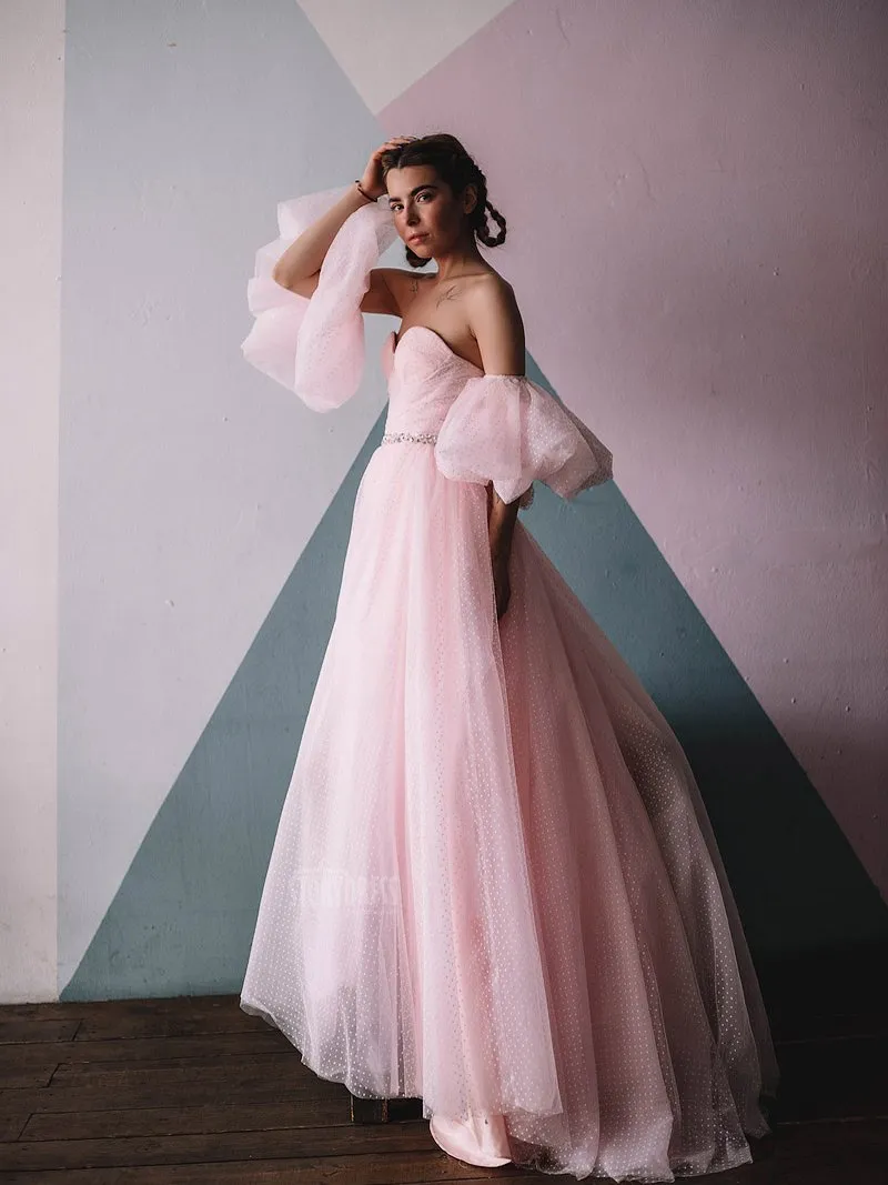 Plus Size Off Shoulder Puff Sleeve Polka Dot Pink Prom Dress Photo Shoot Dress