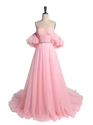 Plus Size Off Shoulder Puff Sleeve Polka Dot Pink Prom Dress Photo Shoot Dress