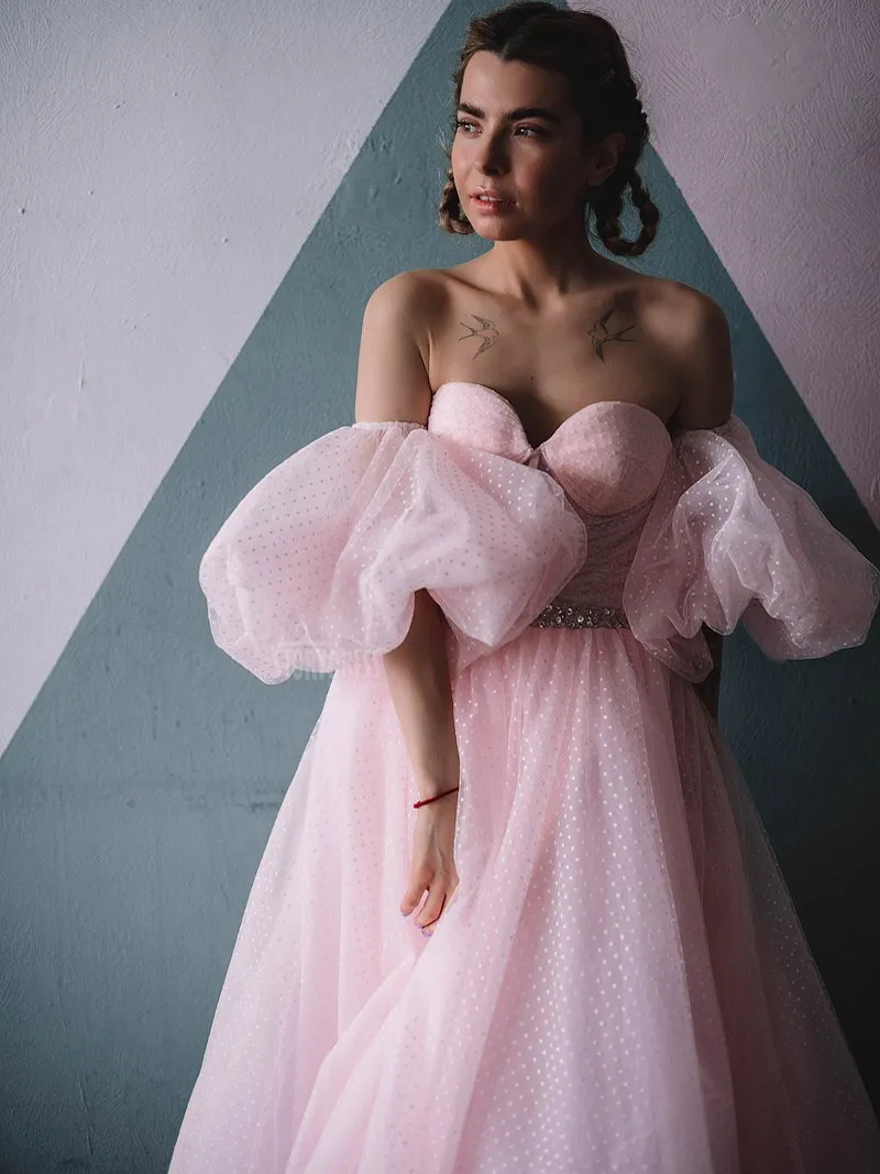 Plus Size Off Shoulder Puff Sleeve Polka Dot Pink Prom Dress Photo Shoot Dress