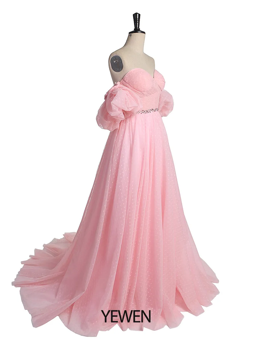 Plus Size Off Shoulder Puff Sleeve Polka Dot Pink Prom Dress Photo Shoot Dress