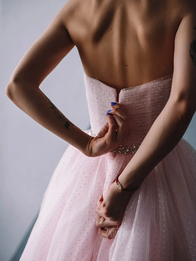 Plus Size Off Shoulder Puff Sleeve Polka Dot Pink Prom Dress Photo Shoot Dress