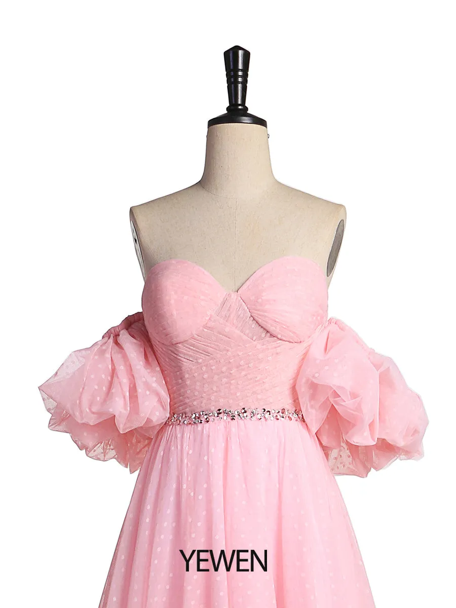 Plus Size Off Shoulder Puff Sleeve Polka Dot Pink Prom Dress Photo Shoot Dress