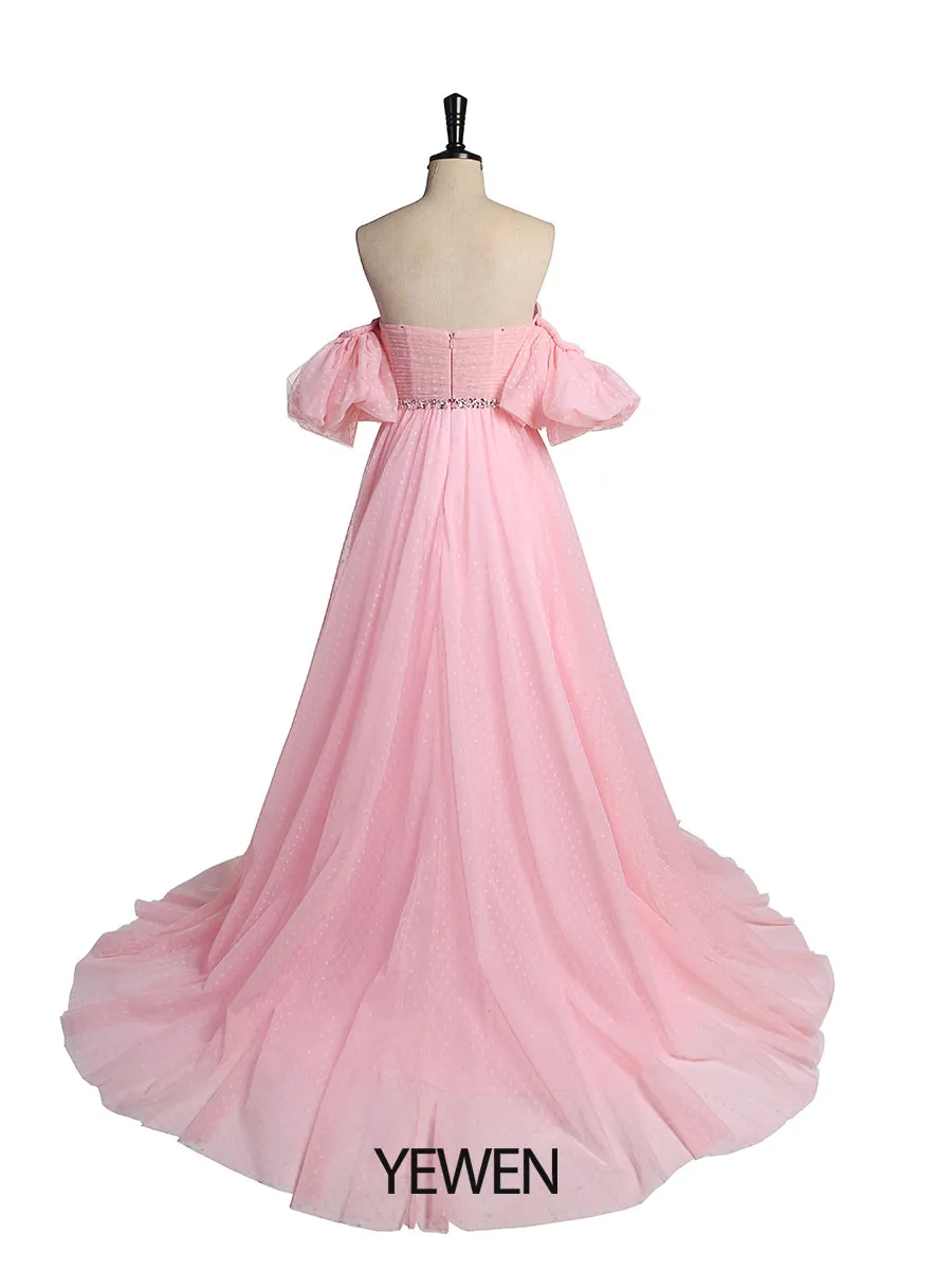 Plus Size Off Shoulder Puff Sleeve Polka Dot Pink Prom Dress Photo Shoot Dress