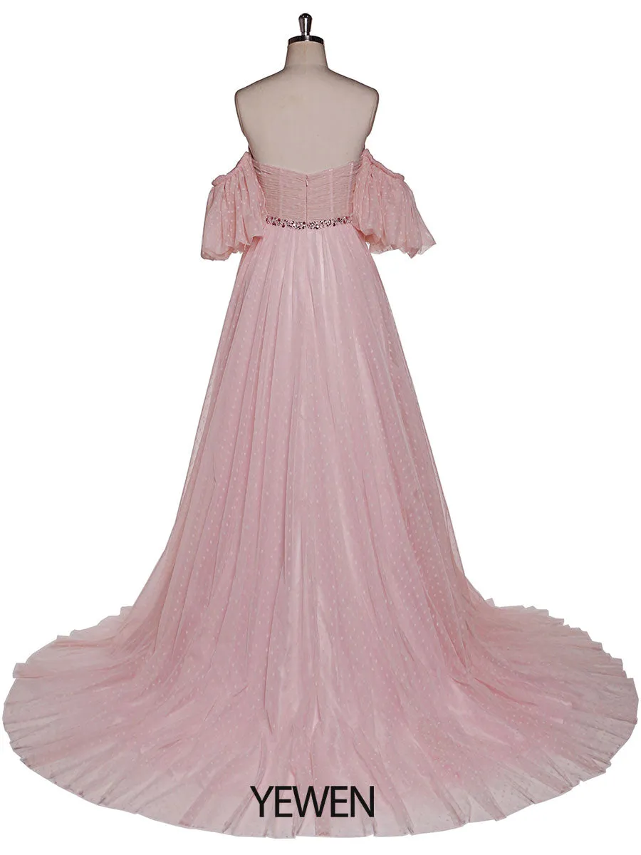 Plus Size Off Shoulder Puff Sleeve Polka Dot Pink Prom Dress Photo Shoot Dress