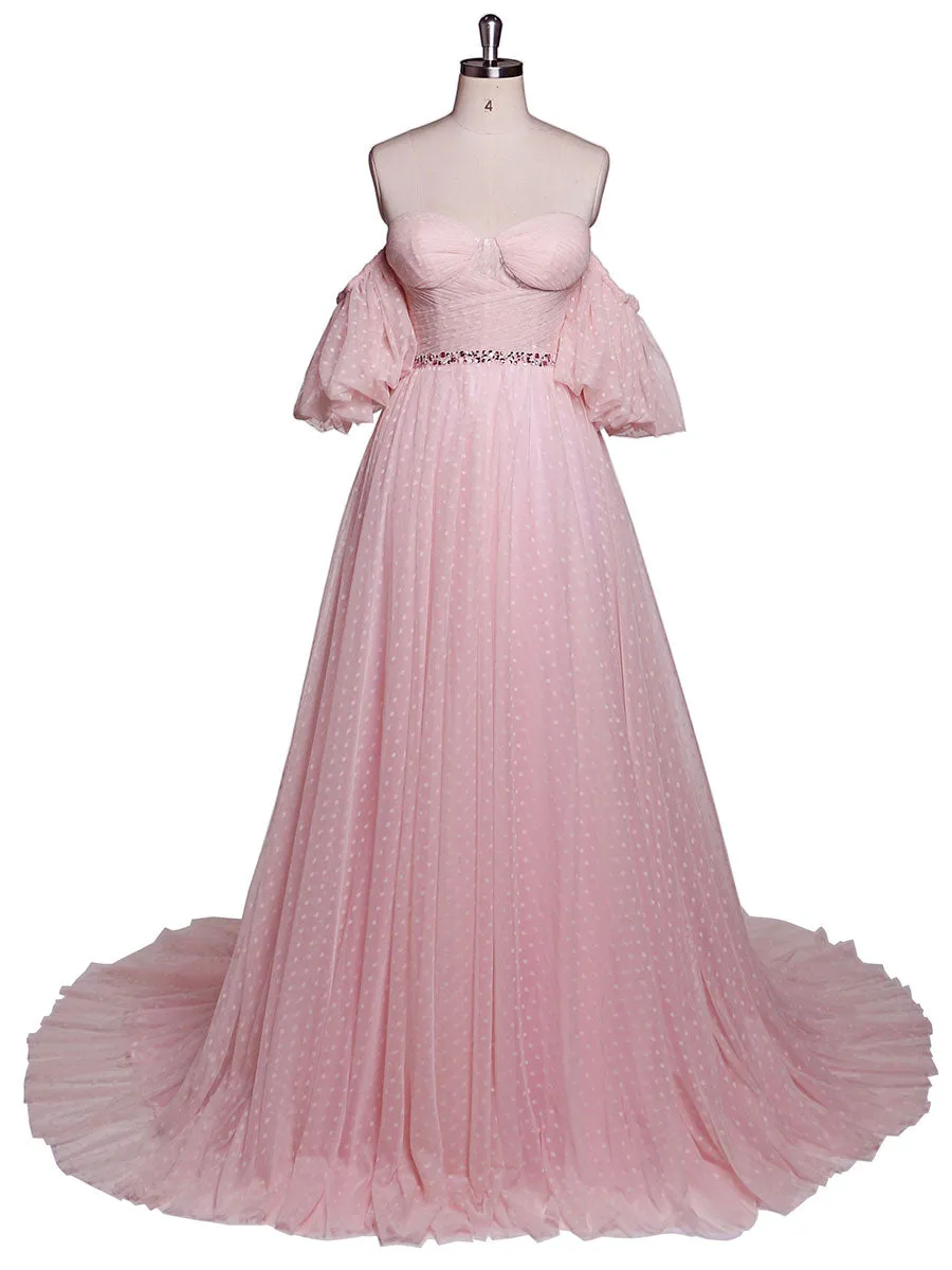Plus Size Off Shoulder Puff Sleeve Polka Dot Pink Prom Dress Photo Shoot Dress