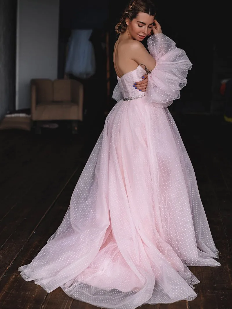 Plus Size Off Shoulder Puff Sleeve Polka Dot Pink Prom Dress Photo Shoot Dress