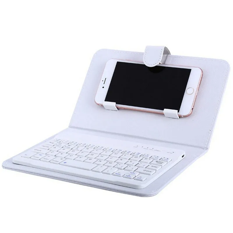Portable PU Leather Wireless Keyboard Case for iPhone with Bluetooth Keyboard for 4.2-6.8 Inch Phones  White_Bluetooth keyboard   leather case