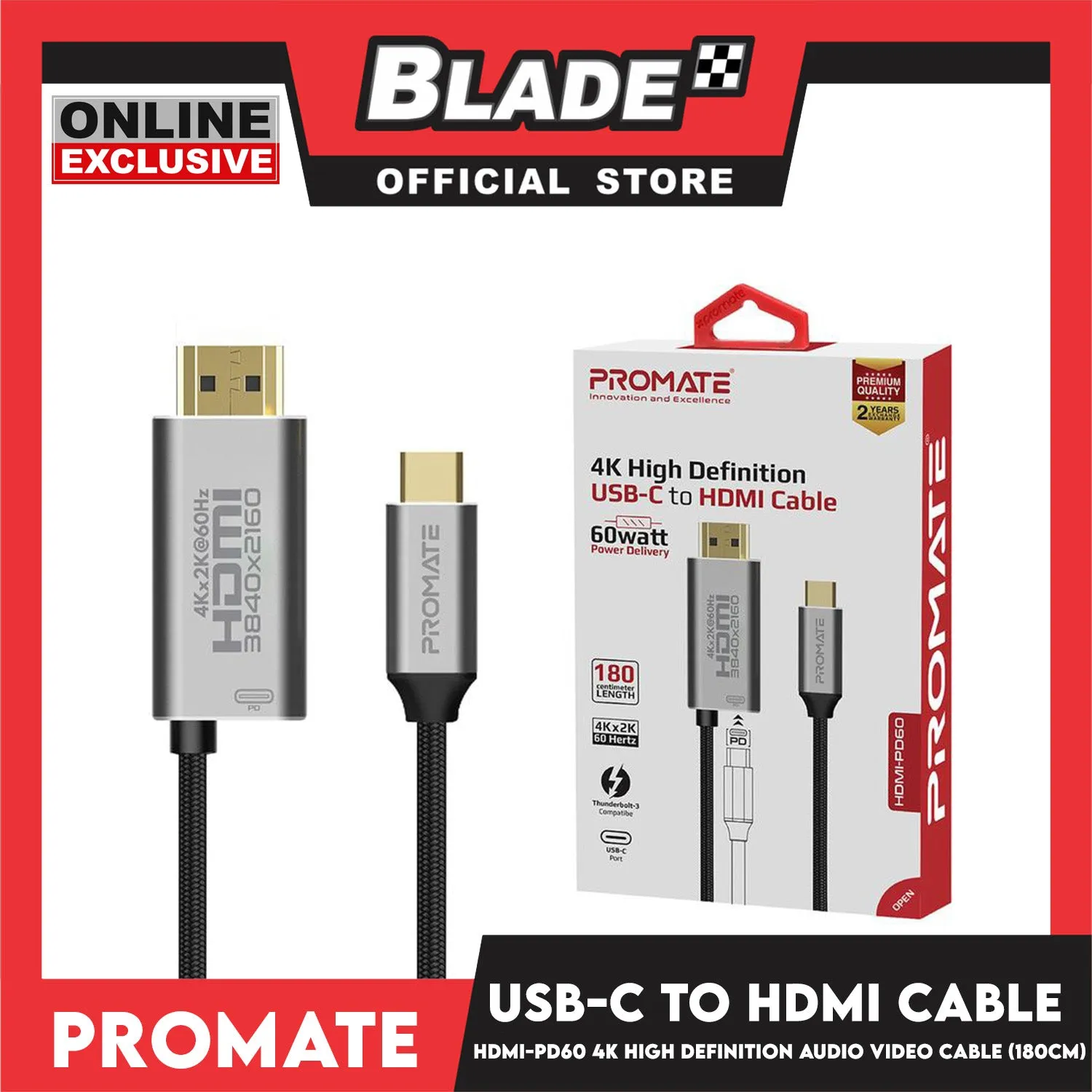 Promate Fabric Braided Cable USB-C to HDMI Cable HDMI-PD60 4k High Definition (Grey)