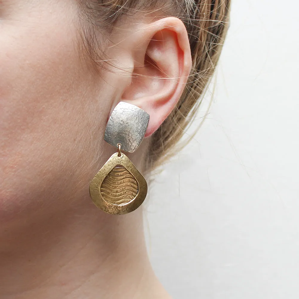 Rounded Rectangle with Cutout Teardrop and Patterned Disc Post or Clip Earring