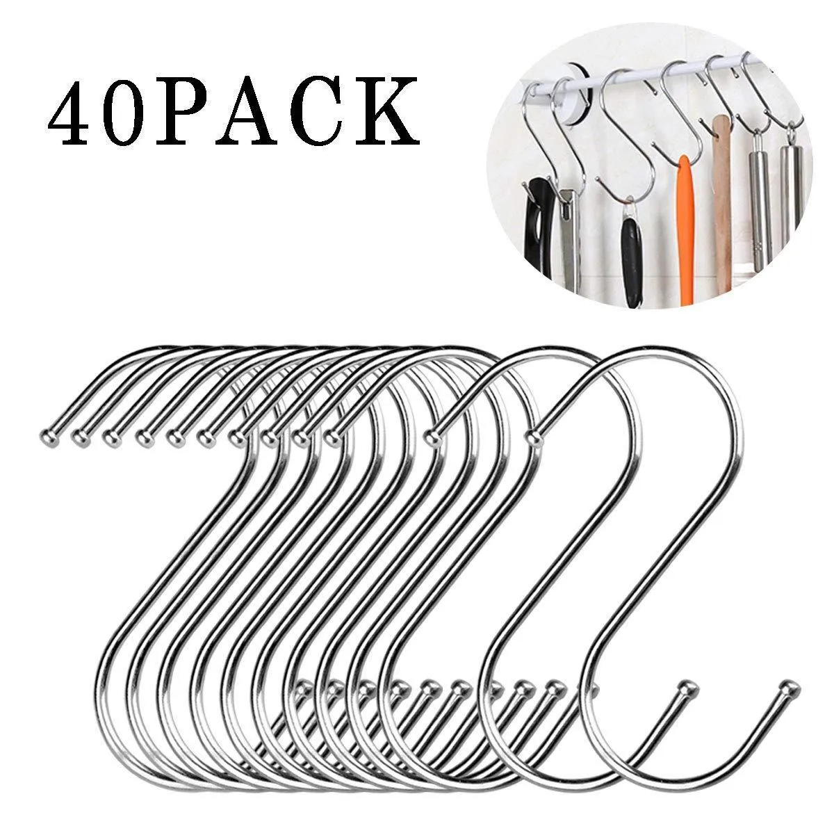S Shaped Hooks Rustproof for Hanging pots and Pans Heavy Duty Stainless Steel Metal Hanger for Home Office Kitchen Utensils, Set of 40