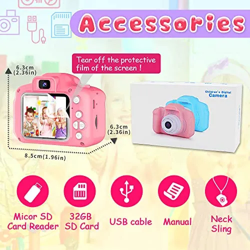 Seckton Upgrade Kids Selfie Camera, Christmas Birthday Gifts for Girls Age 3-9, HD Digital Video Cameras for Toddler, Portable Toy for 3 4 5 6 7 8 Year Old Girl with 32GB SD Card-Pink
